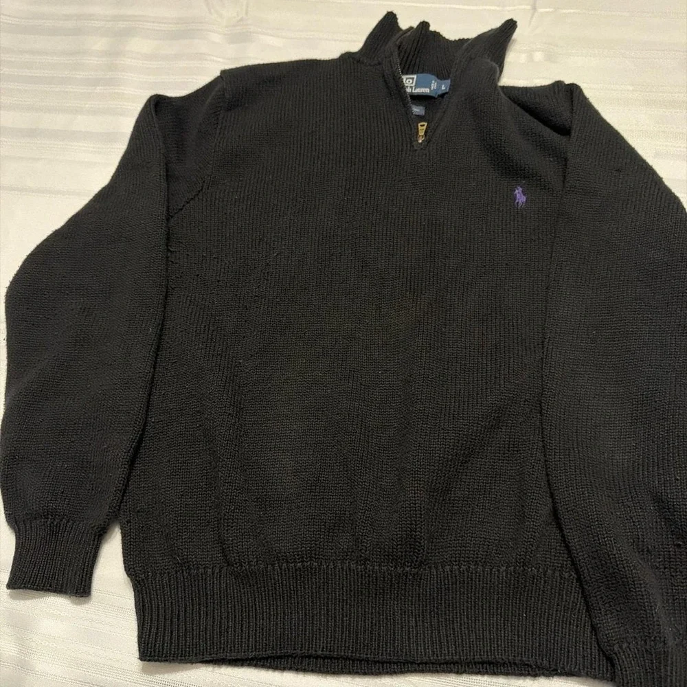 Polo Ralph Lauren Mens Large Black 100% Cotton Quarter Zip Sweater Purple Pony